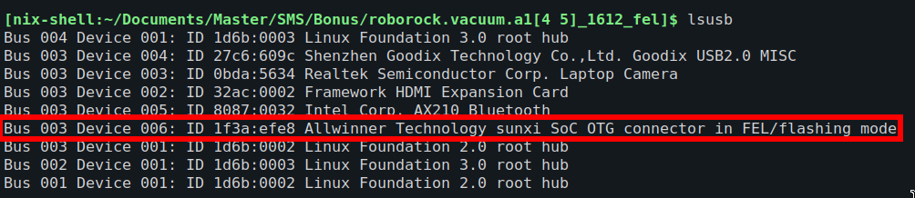 Figure 3: lsusb output after booting into FEL mode